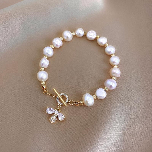 Elegant Bee Baroque Pearl String Bracelet