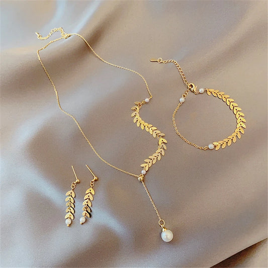 Exquisite 4Pc Imitation Pearl Necklace Earrings Bracelet Jewelry set