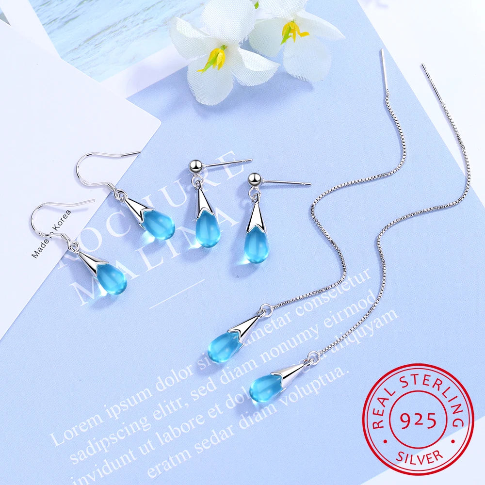 Real  925 Sterling Silver Blue Crystal Water Drop Earrings For Women Long Tassel Earrings