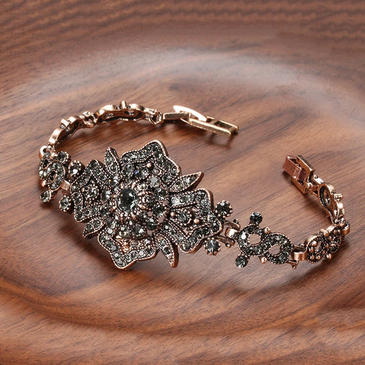 Boho Link Bracelet Antique Gold Color Gray Crystal Ethnic Wedding Bridal Vintage Jewelry