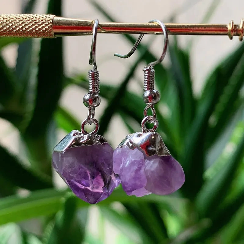 Small Flower Rock Raw Mineral Purple Crystal Quartz Dangle Earrings Birthstone Natural Amethysts Earrings