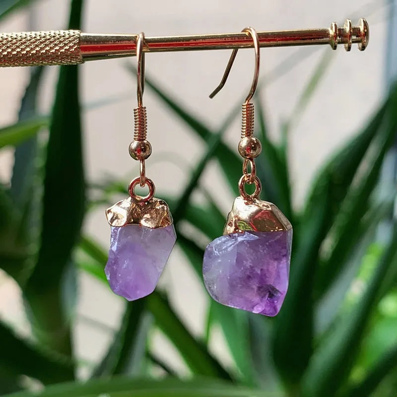 Small Flower Rock Raw Mineral Purple Crystal Quartz Dangle Earrings Birthstone Natural Amethysts Earrings