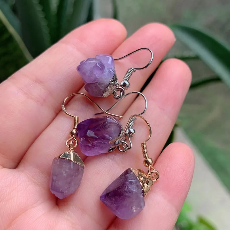 Small Flower Rock Raw Mineral Purple Crystal Quartz Dangle Earrings Birthstone Natural Amethysts Earrings