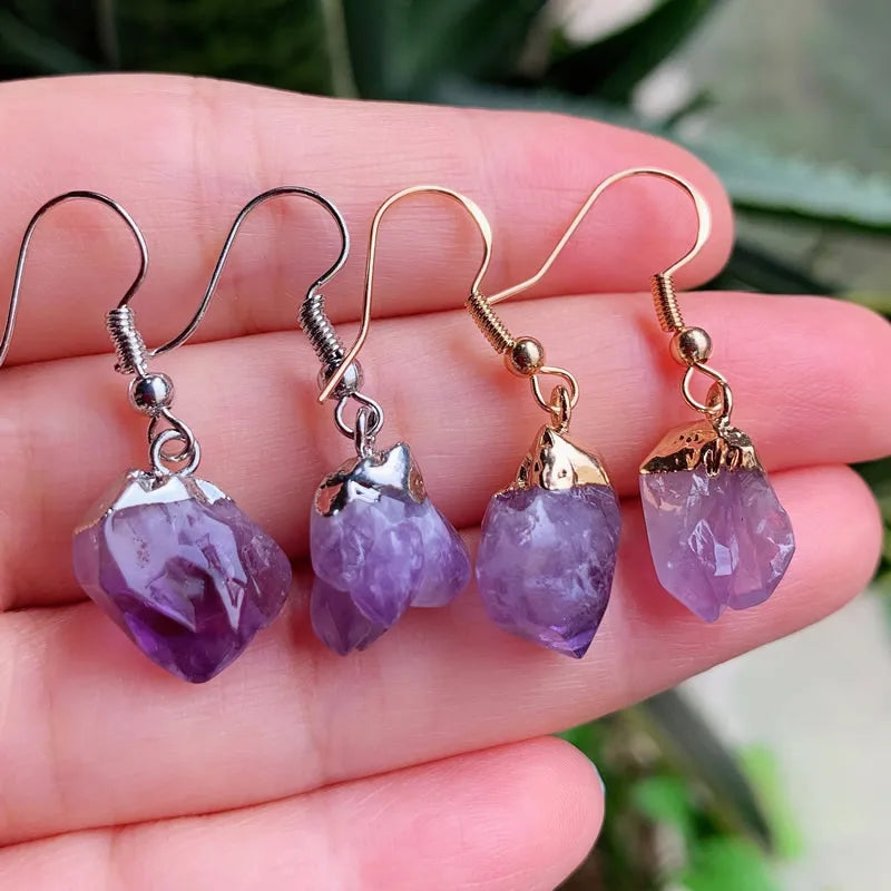 Small Flower Rock Raw Mineral Purple Crystal Quartz Dangle Earrings Birthstone Natural Amethysts Earrings