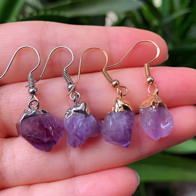 Small Flower Rock Raw Mineral Purple Crystal Quartz Dangle Earrings Birthstone Natural Amethysts Earrings