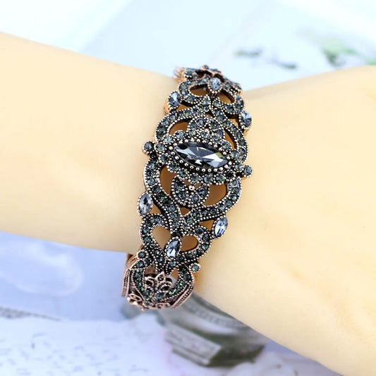 Grey Crystal Women Cuff Bracelet Bangle Ethnic Wedding Jewelry Antique Gold