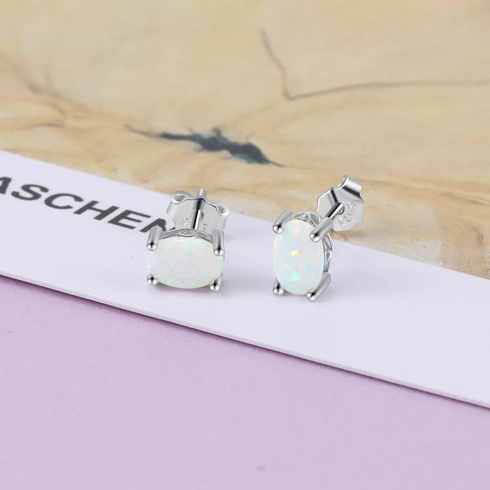 925 Sterling Silver Stud Earrings for Women Cute 4mm Created Oval White Pink Blue Fire Opal Earrings Fine Jewelry