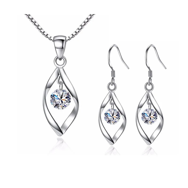 925 Sterling Silver Jewelry Sets Zirconia Twist Water Drop Necklace+Earrings Bijoux For Women Christmas Gift