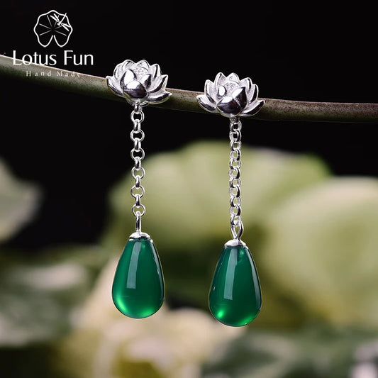 Lotus Fun Real 925 Sterling Silver Earrings Natural Agate Handmade Fine Jewelry Water Drop Lotus Drop Earrings