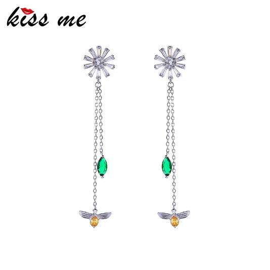 Unique Zircon Flower Bee Tassel Drop Earrings