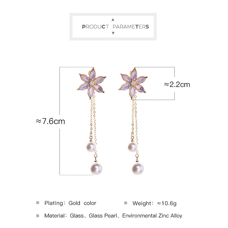 Romantic Green/Pink/Clear Crystal Flowers Drop Earrings For Women Imitation Pearl Tassel Handmade Clip Earring  Jewelry