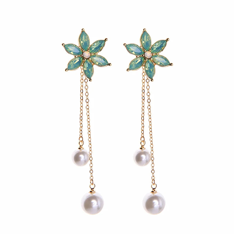 Romantic Green/Pink/Clear Crystal Flowers Drop Earrings For Women Imitation Pearl Tassel Handmade Clip Earring  Jewelry