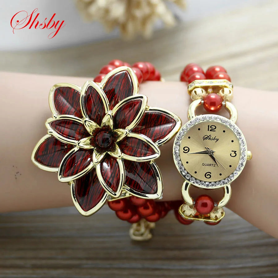 Fashion Rhinestone Ladies Pearl Strap Petals Flower Bracelet Quartz Watch