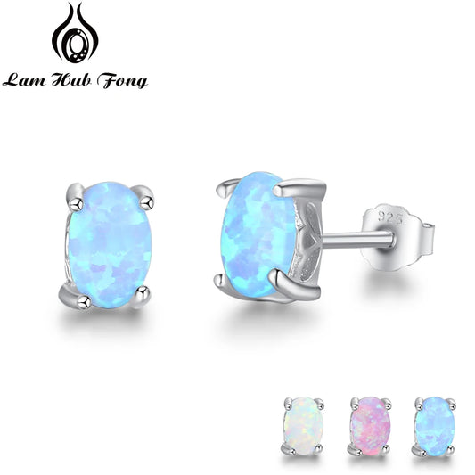 925 Sterling Silver Stud Earrings for Women Cute 4mm Created Oval White Pink Blue Fire Opal Earrings Fine Jewelry