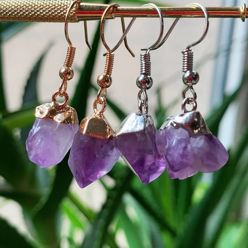 Small Flower Rock Raw Mineral Purple Crystal Quartz Dangle Earrings Birthstone Natural Amethysts Earrings