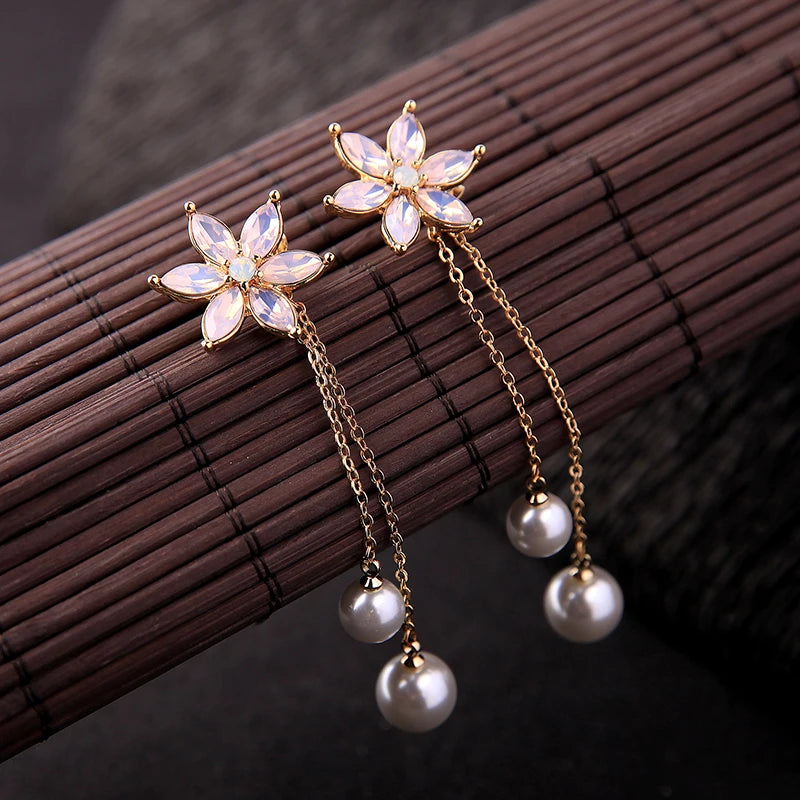 Romantic Green/Pink/Clear Crystal Flowers Drop Earrings For Women Imitation Pearl Tassel Handmade Clip Earring  Jewelry