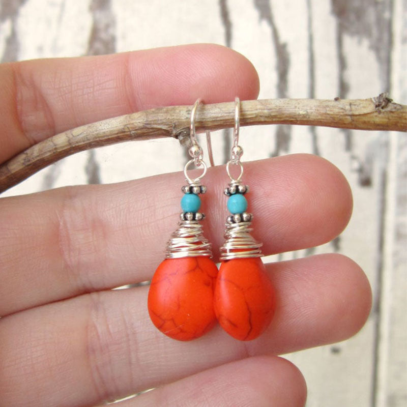 Wire Wrapped Orange and Turquoise Earrings. Orange Turquoise Howlite Dangle Earrings.