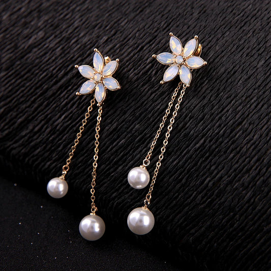 Romantic Green/Pink/Clear Crystal Flowers Drop Earrings For Women Imitation Pearl Tassel Handmade Clip Earring  Jewelry