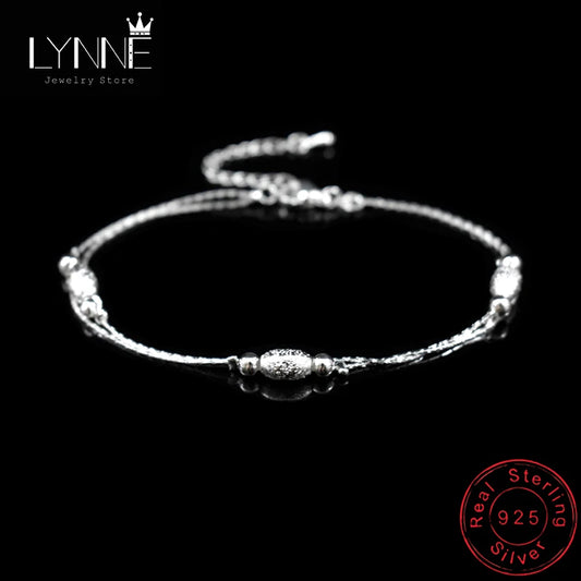 Hot Double Layer Oval Frosted Bead Pendant Anklets 925 Sterling Silver