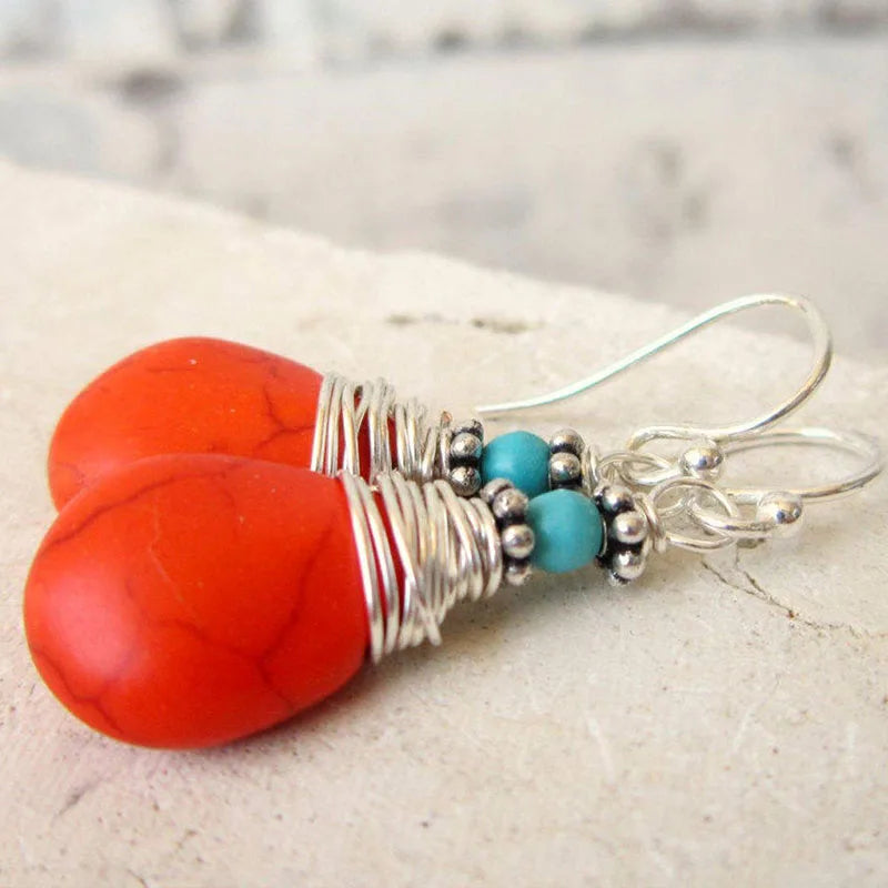 Wire Wrapped Orange and Turquoise Earrings. Orange Turquoise Howlite Dangle Earrings.