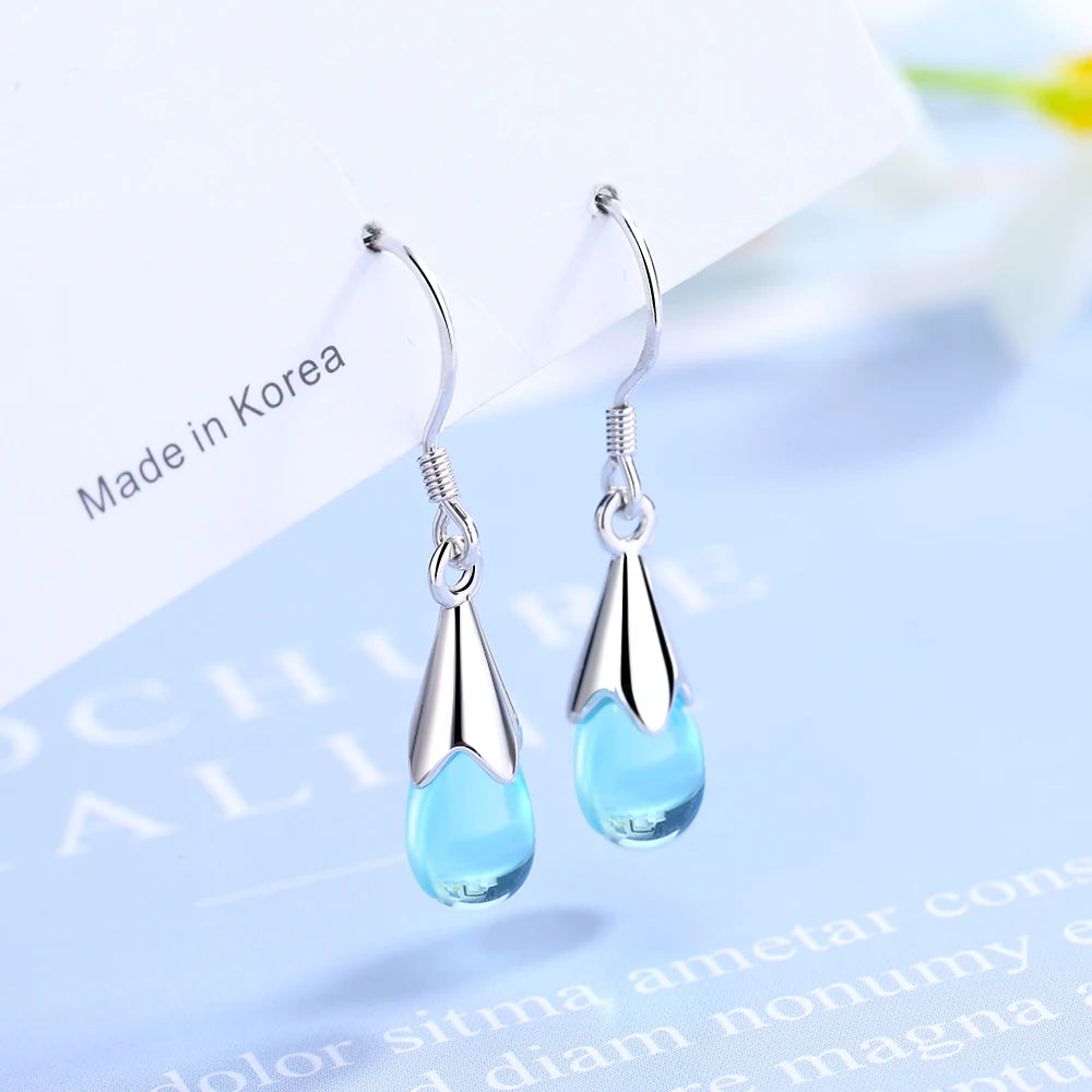 Real  925 Sterling Silver Blue Crystal Water Drop Earrings For Women Long Tassel Earrings