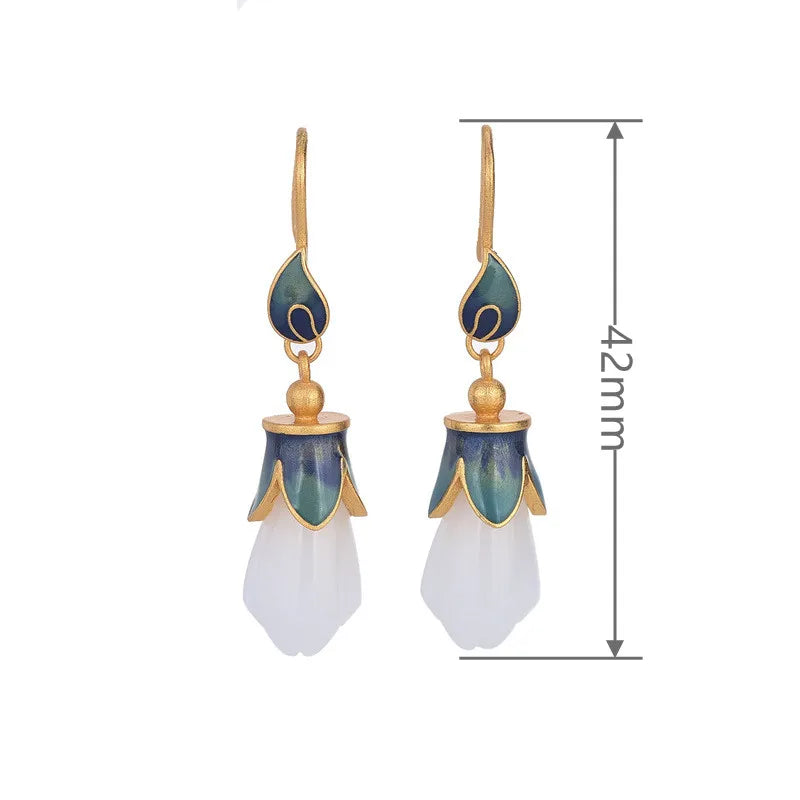 Charming Copper Alloy Gold Plated Magnolia Flower Inlaid White Natural Jade Pendant Hook Earrings For Women