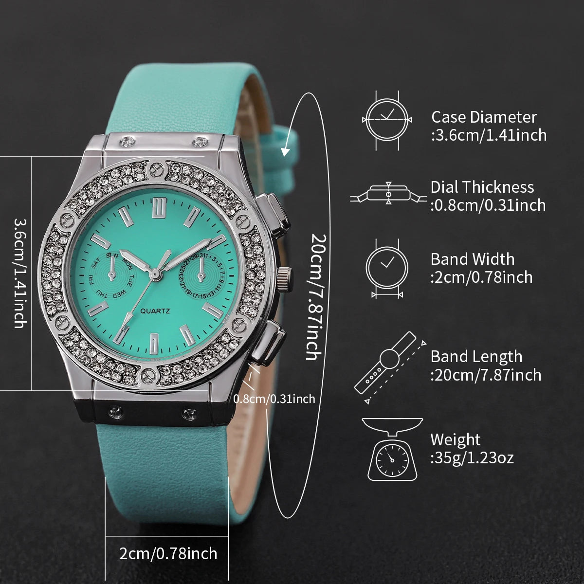 Women Green Leather Strap Quartz Watch Star 4pcs Jewelry Set