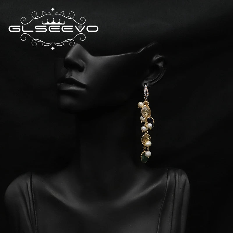 Long Tassel Pearl Drop Earrings Crystal Rhinestone Dangle Earrings