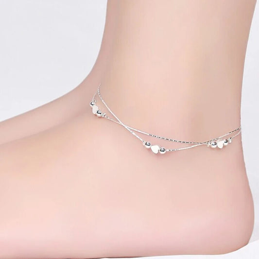 925 Silver Plated Chain Anklet With Heart Charms