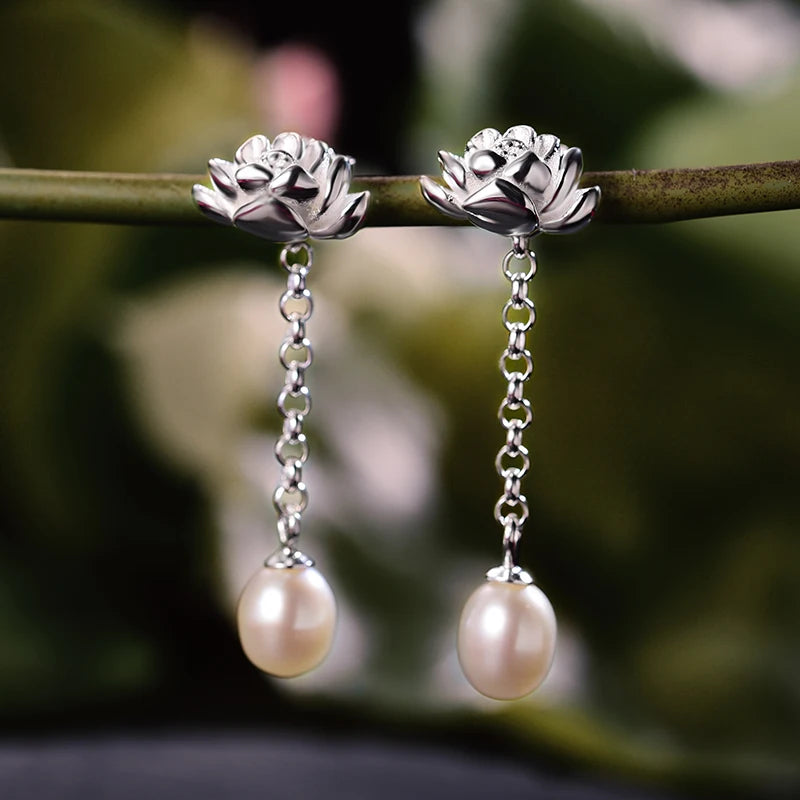 Lotus Fun Real 925 Sterling Silver Earrings Natural Agate Handmade Fine Jewelry Water Drop Lotus Drop Earrings