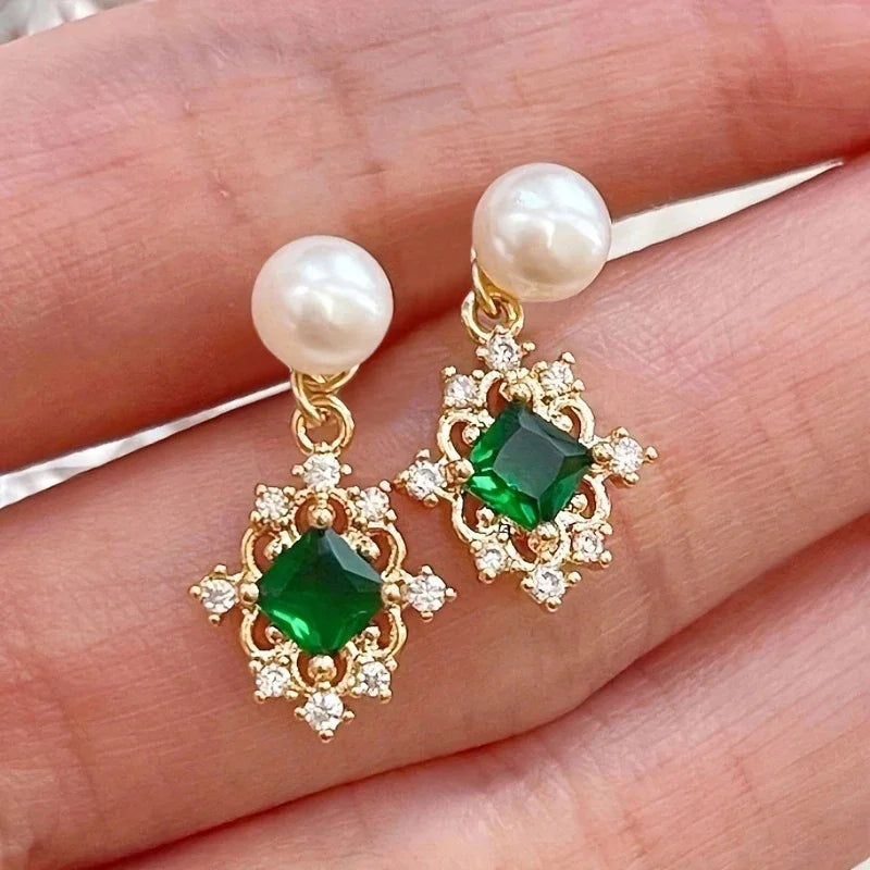 Exquisite Green Cubic Zirconia Drop Earrings for Women Removable Imitation Pearl Jewelry