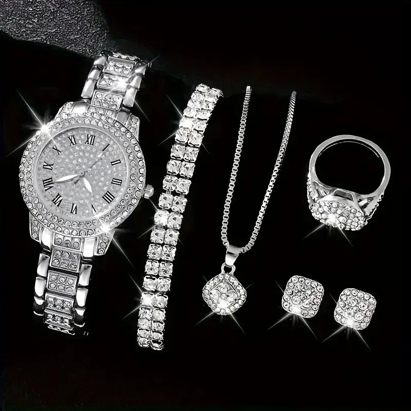 6PCS Set Women Watch Clock Roman Dial Luxury Ladies Quartz Wrist Watch Bracelet Set