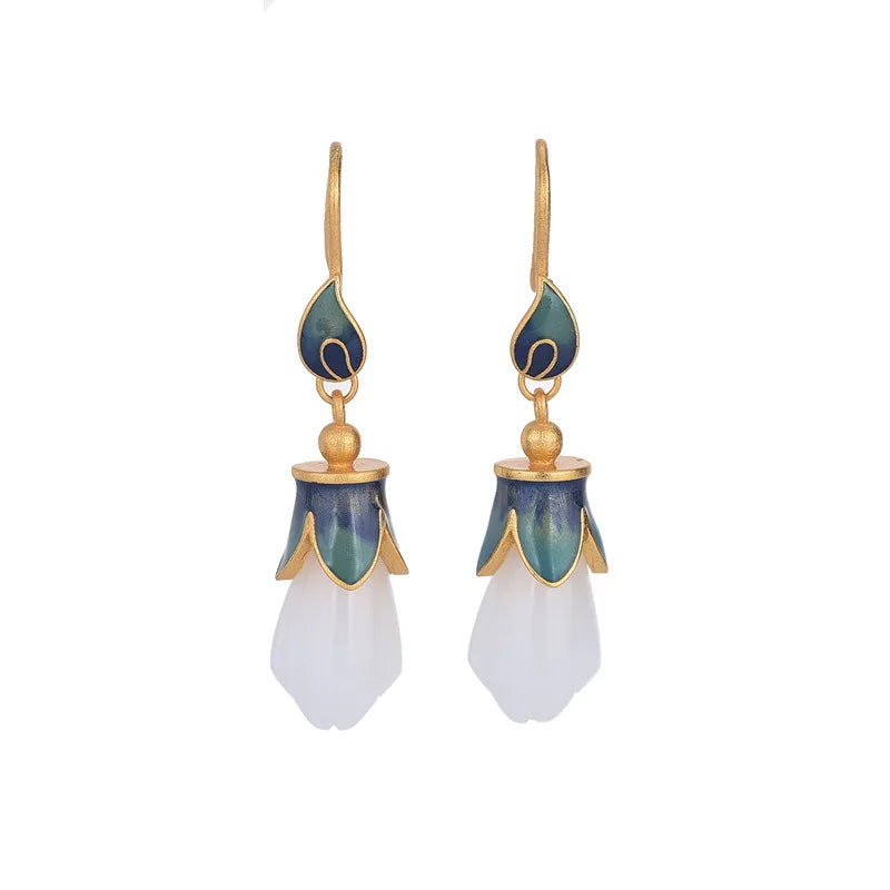 Charming Copper Alloy Gold Plated Magnolia Flower Inlaid White Natural Jade Pendant Hook Earrings For Women