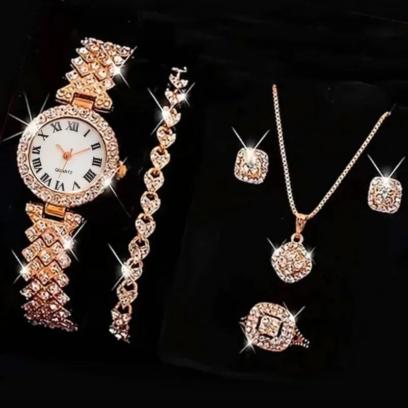 6PCS Set Women Watch Clock Roman Dial Luxury Ladies Quartz Wrist Watch Bracelet Set