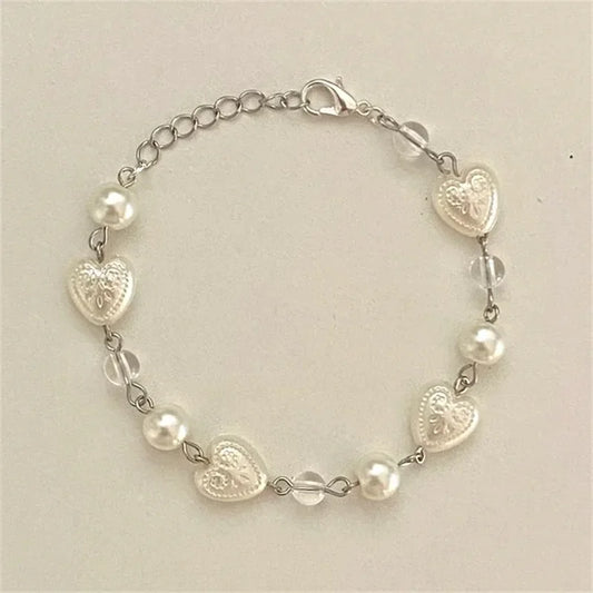White Lace Heart Charm Handmade Pearl Bracelet
