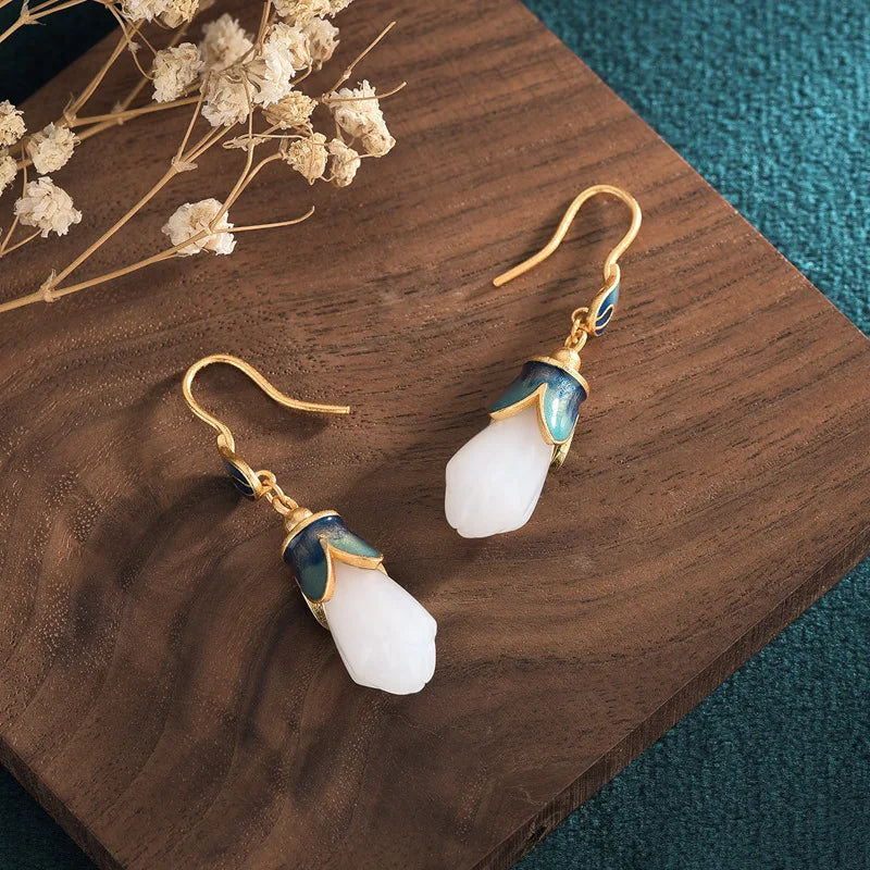 Charming Copper Alloy Gold Plated Magnolia Flower Inlaid White Natural Jade Pendant Hook Earrings For Women