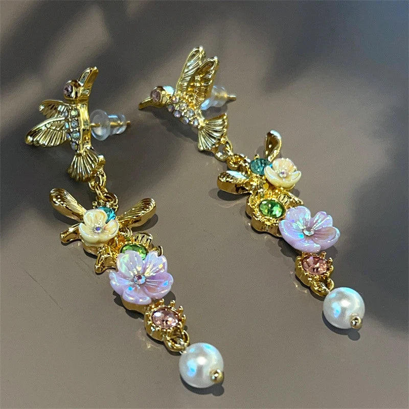 Vintage Hummingbird Flower Long Earrings Exquisite Women Jewelry