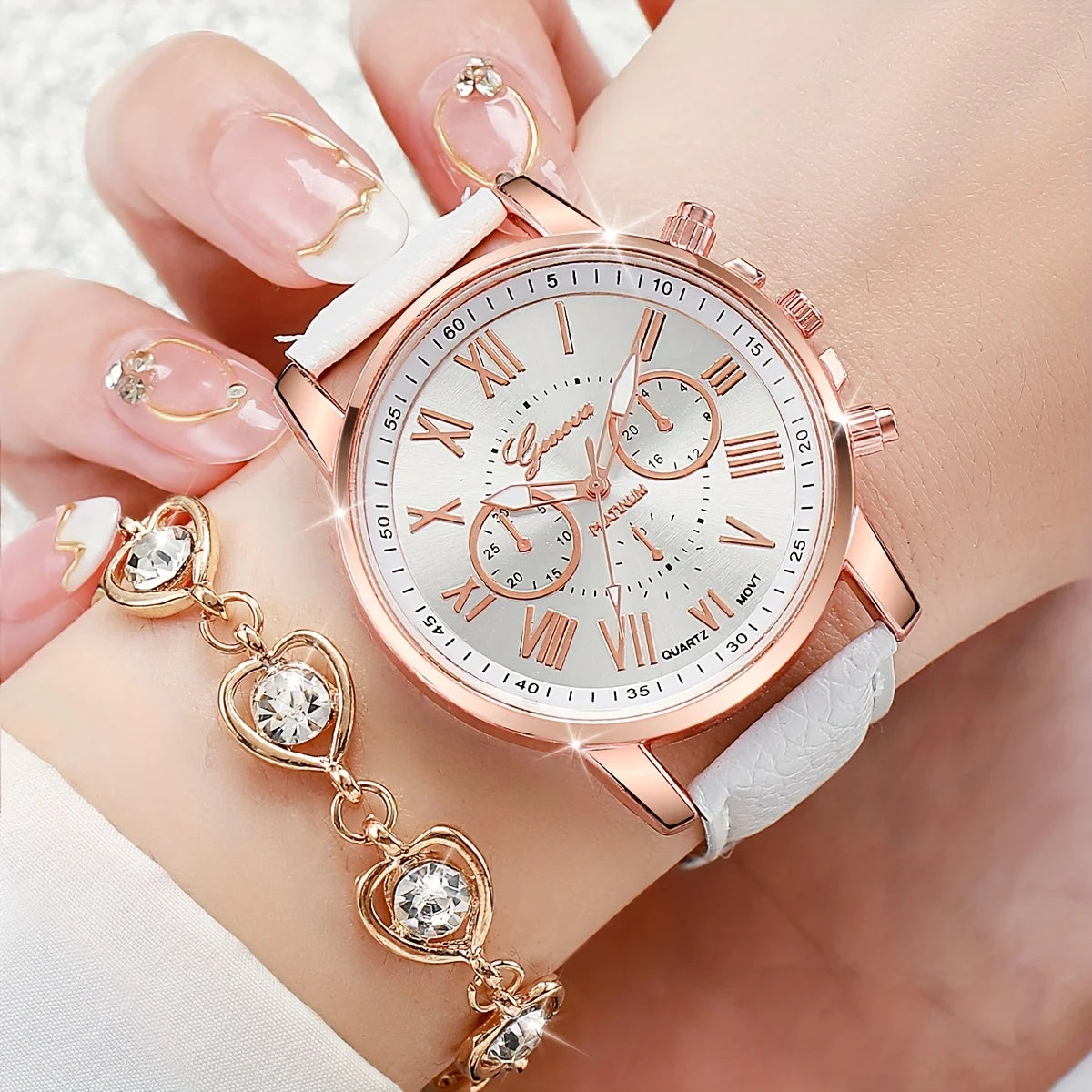 6pcs/set Women's Watch Casual Rome Fashion Quartz Watch Analog PU Leather Wrist Watch & Jewelry Set