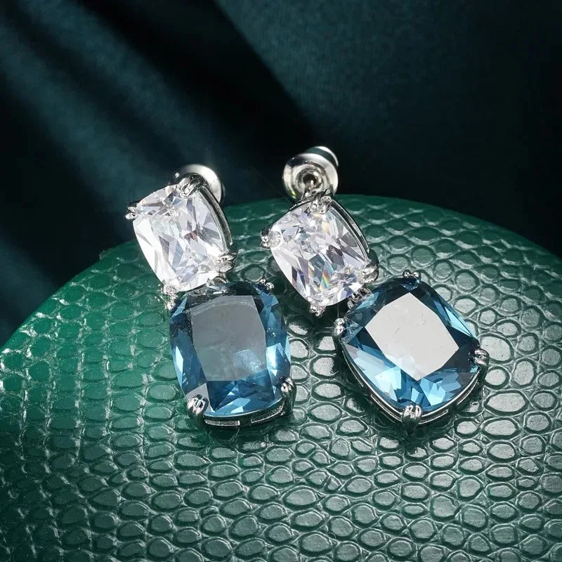 Simple Cushion Cut Blue Zircon Dangle Earrings for Women Girls