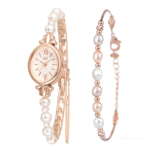 Sweet and Elegant Natural Freshwater Pearls Bracelet & Casual Pointer Quartz Watch Set