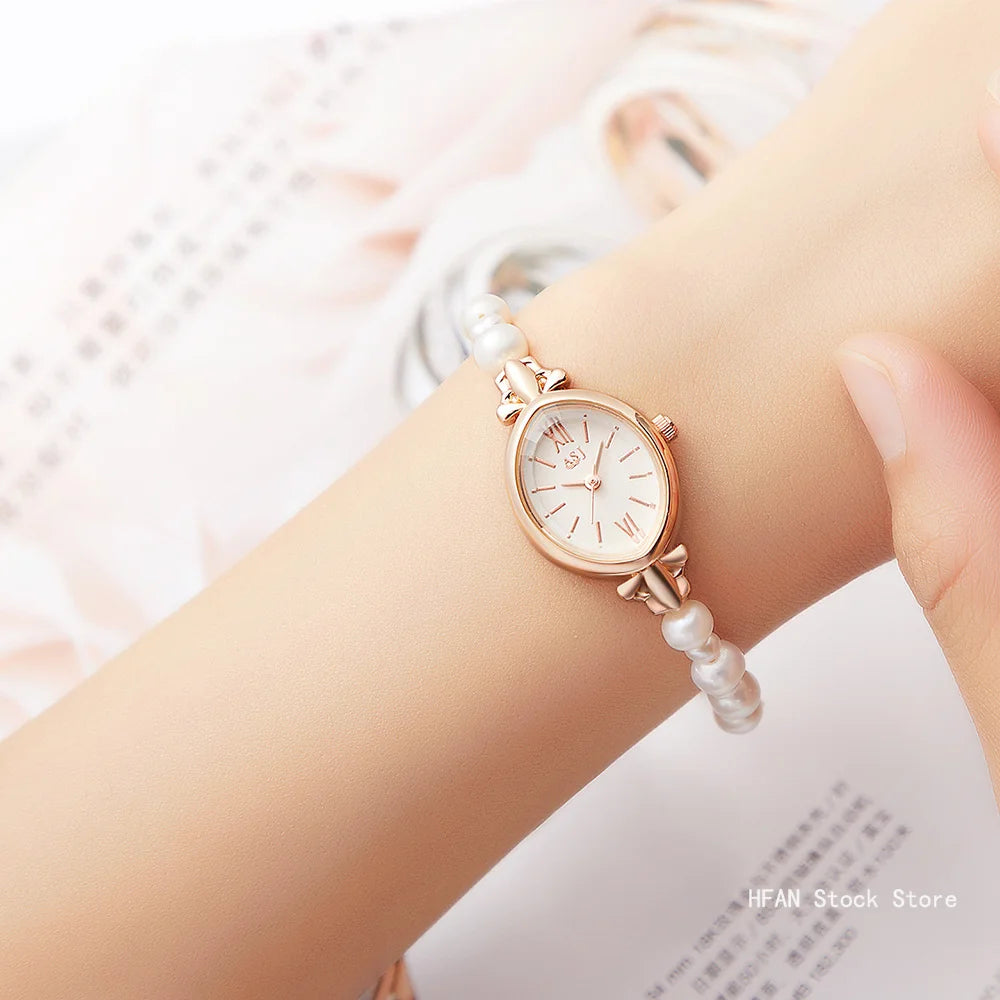 Sweet and Elegant Natural Freshwater Pearls Bracelet & Casual Pointer Quartz Watch Set