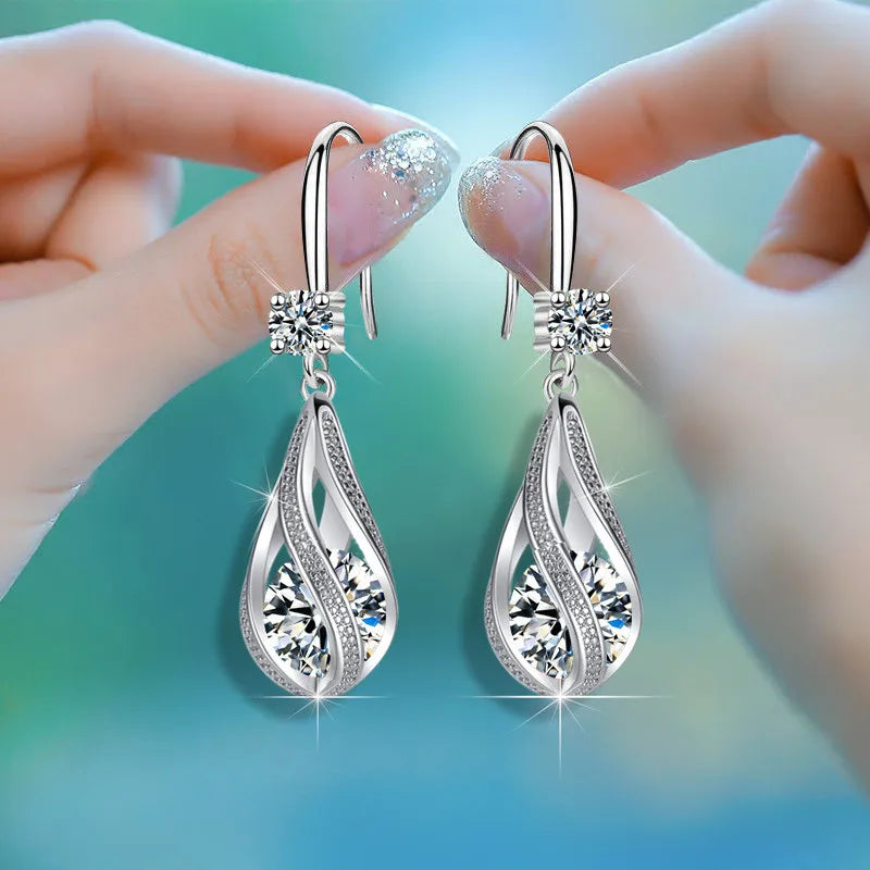 925 Sterling Silver Luxury Crystal Zircon Earrings Charms for Woman Cute Engagement Wedding Jewelry Gift