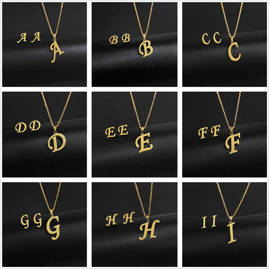 Simple Gold Color A-Z 26 Letters Initial Pendant Necklace Set