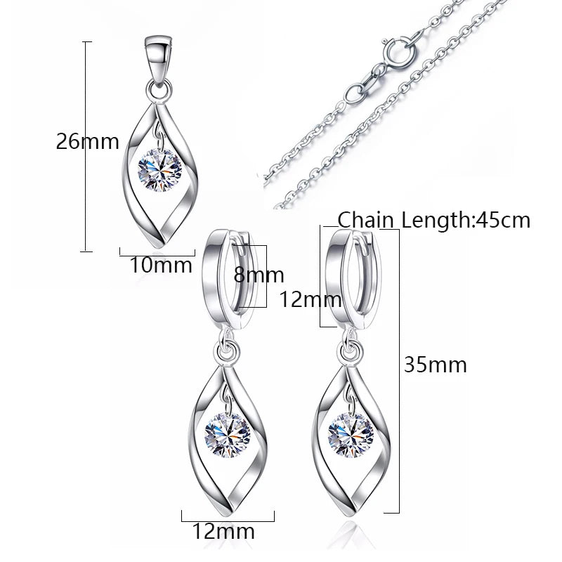 925 Sterling Silver Jewelry Sets Zirconia Twist Water Drop Necklace+Earrings Bijoux For Women Christmas Gift