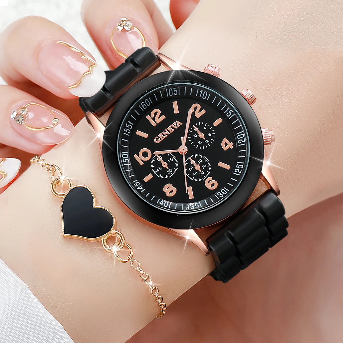 4pcs/set Geneva Fashion Silicone Band Women Quartz Watch & Heart Jewelry Set