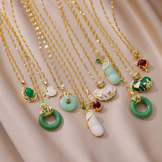 Retro Green Zircon Stainless Steel Necklace In Gold Color