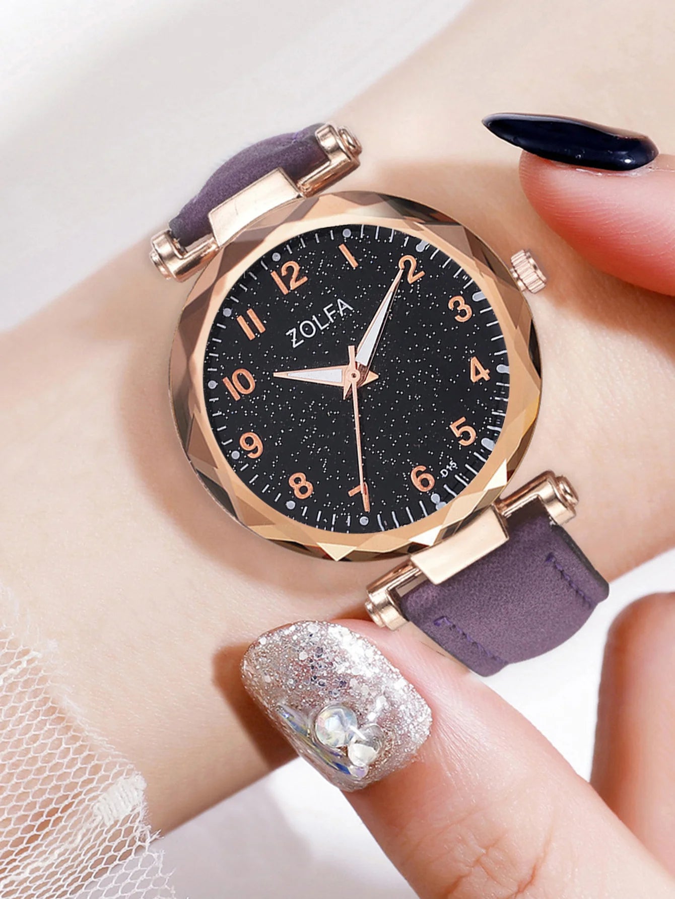 6PCS Women's Fashion Trend Simple Star Digital Amethyst Rhinestone Leather Quartz Luxury Necklace Bracelet Gift Set