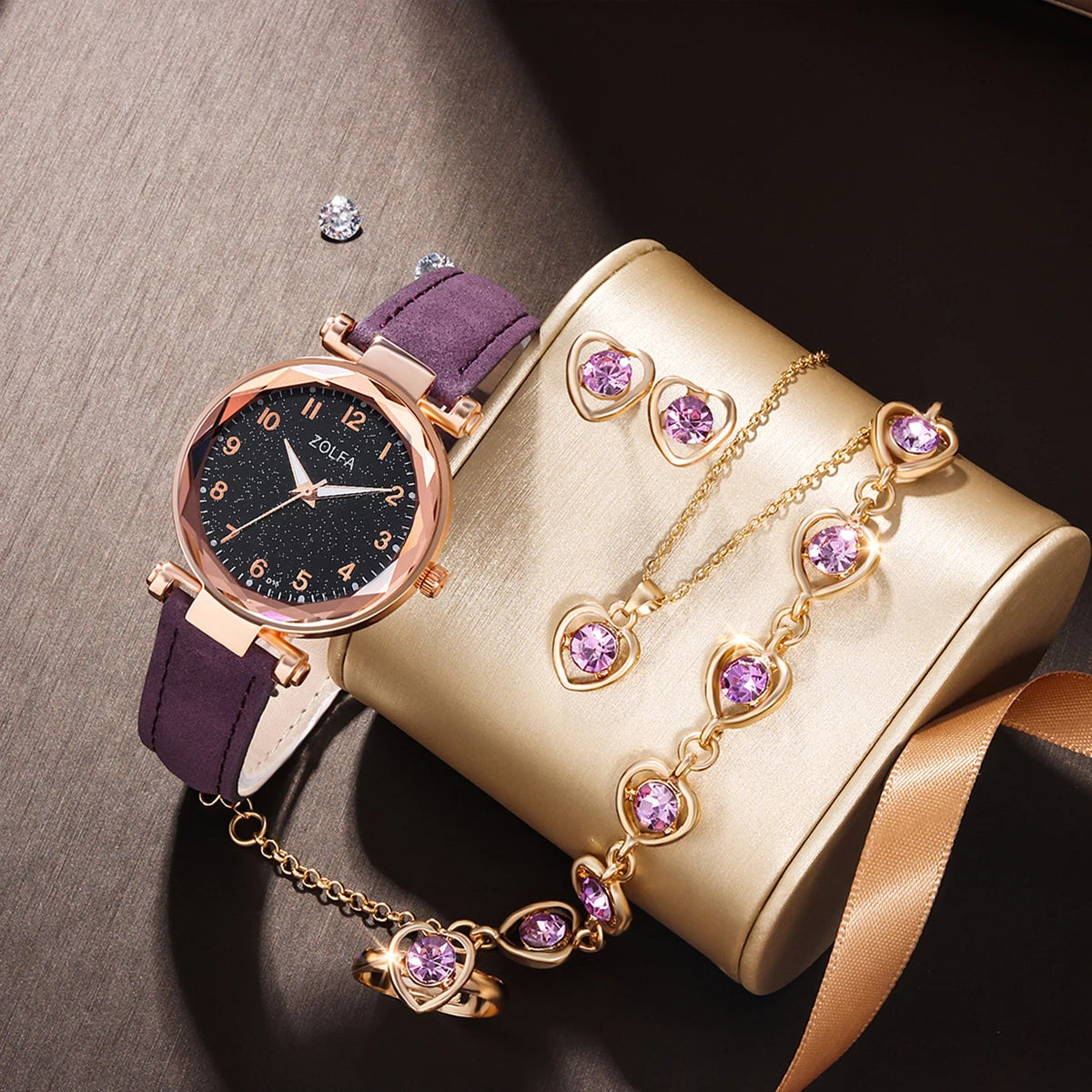 6PCS Women's Fashion Trend Simple Star Digital Amethyst Rhinestone Leather Quartz Luxury Necklace Bracelet Gift Set