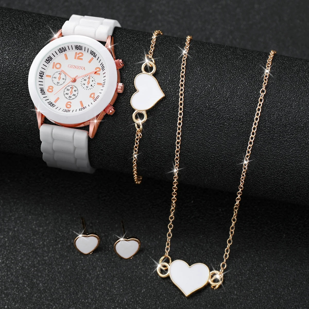 4pcs/set Geneva Fashion Silicone Band Women Quartz Watch & Heart Jewelry Set