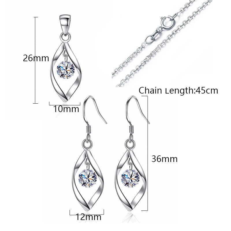 925 Sterling Silver Jewelry Sets Zirconia Twist Water Drop Necklace+Earrings Bijoux For Women Christmas Gift